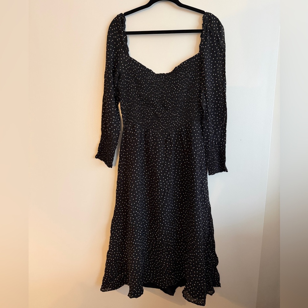 Reformation Black Dress with White Polka Dots — Long Sleeve Midi